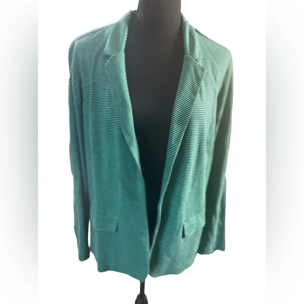 J.JILL green black striped linen rayon unlined knit jacket blazer MP
